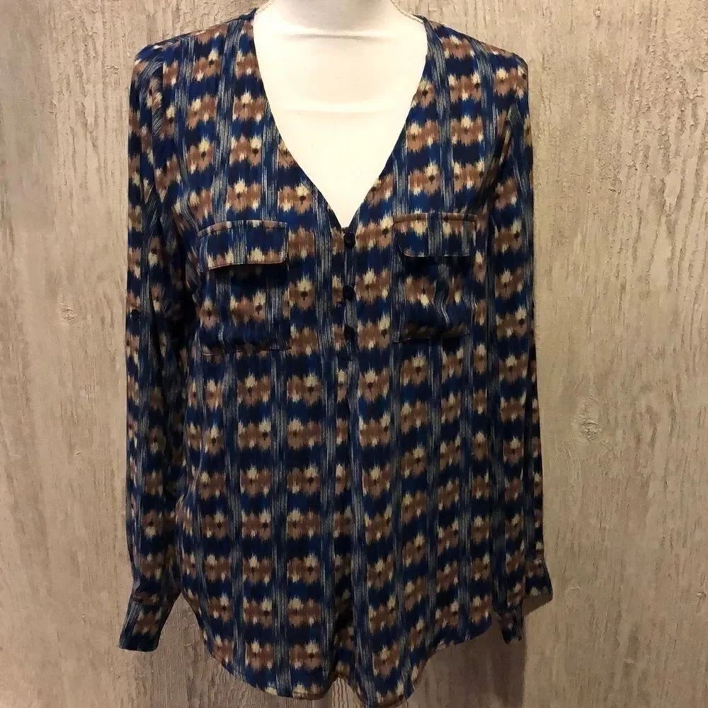 Skies Are Blue Half Button Down Patterned Blouse